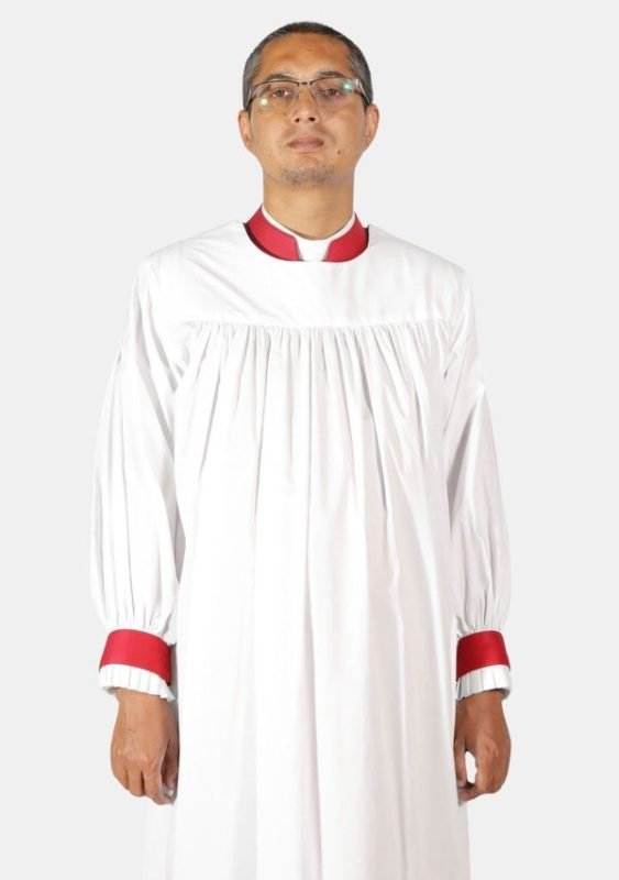 Worship Attires Anglican Clergy Rochet – Classic White with Red Accents