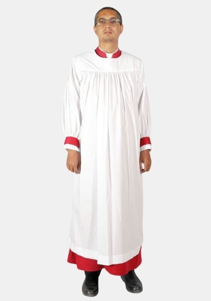 Worship Attires Anglican Clergy Rochet – Classic White with Red Accents