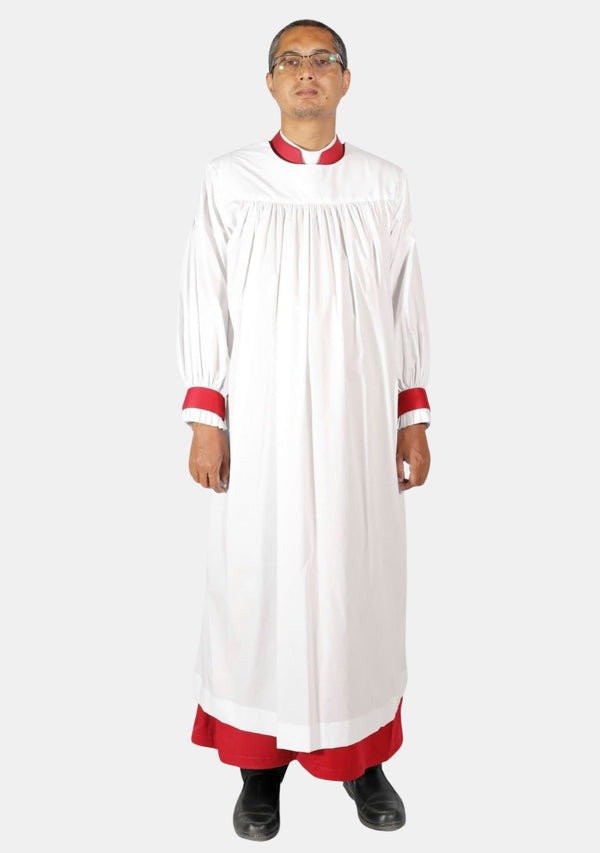 Worship Attires Anglican Clergy Rochet – Classic White with Red Accents