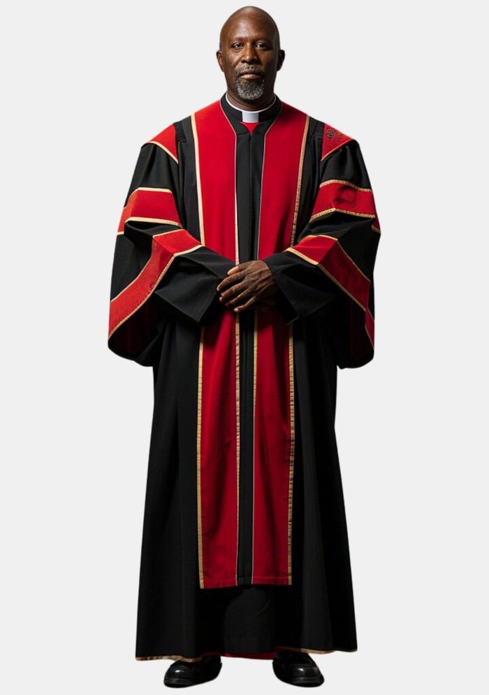 Worship Attires Men’s Clergy Robe – Black with Red Accents