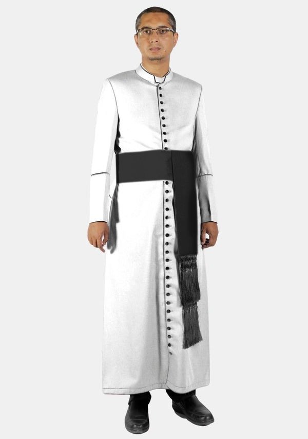 Worship Attires White Clergy Cassock for Men – Black Trim Design