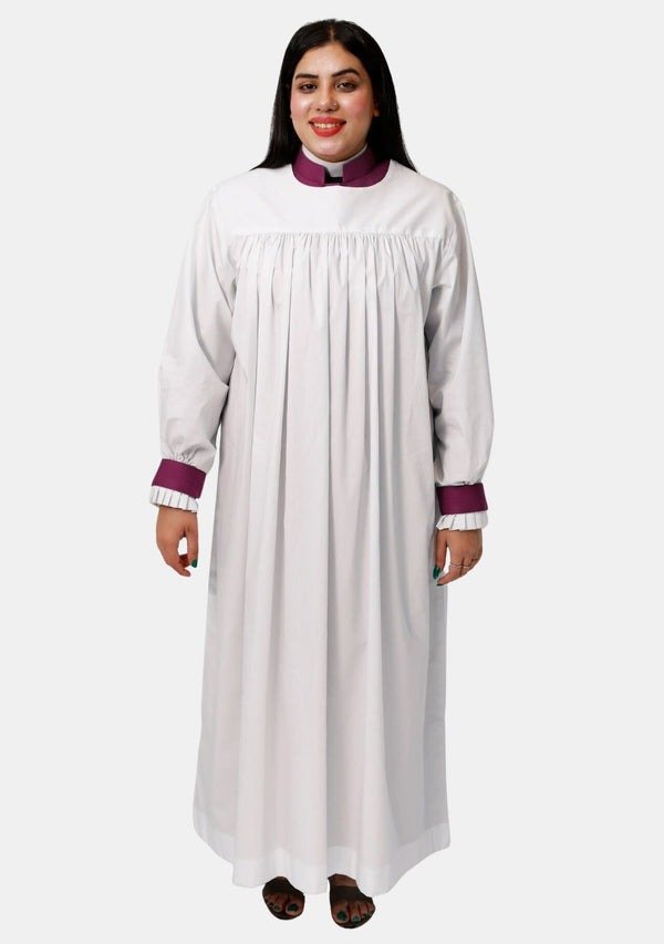 Worship Attires Women’s Clergy Rochet – Cardinal Maroon Cuff Edition