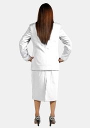 Women’s White Clerical Skirt Suit with satin buttons and collar