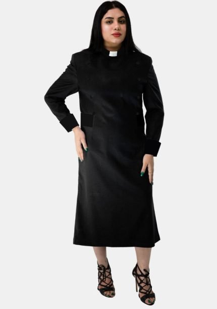 Worship Attires Women’s Black Clergy Dress with Designer Buttons