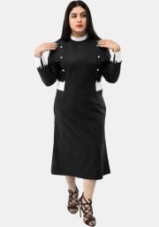 Worship Attires Women's Black Clergy Dress with White Designer Buttons