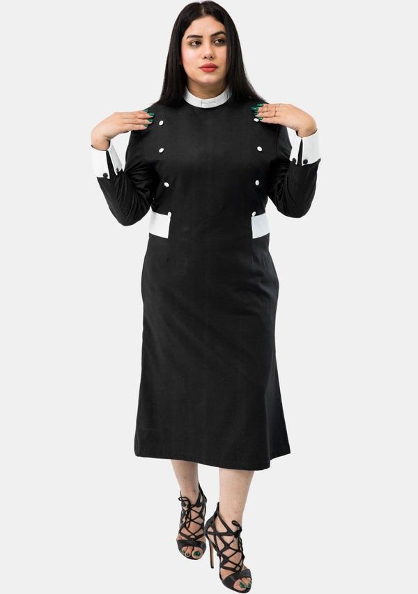 Worship Attires Women's Black Clergy Dress with White Designer Buttons