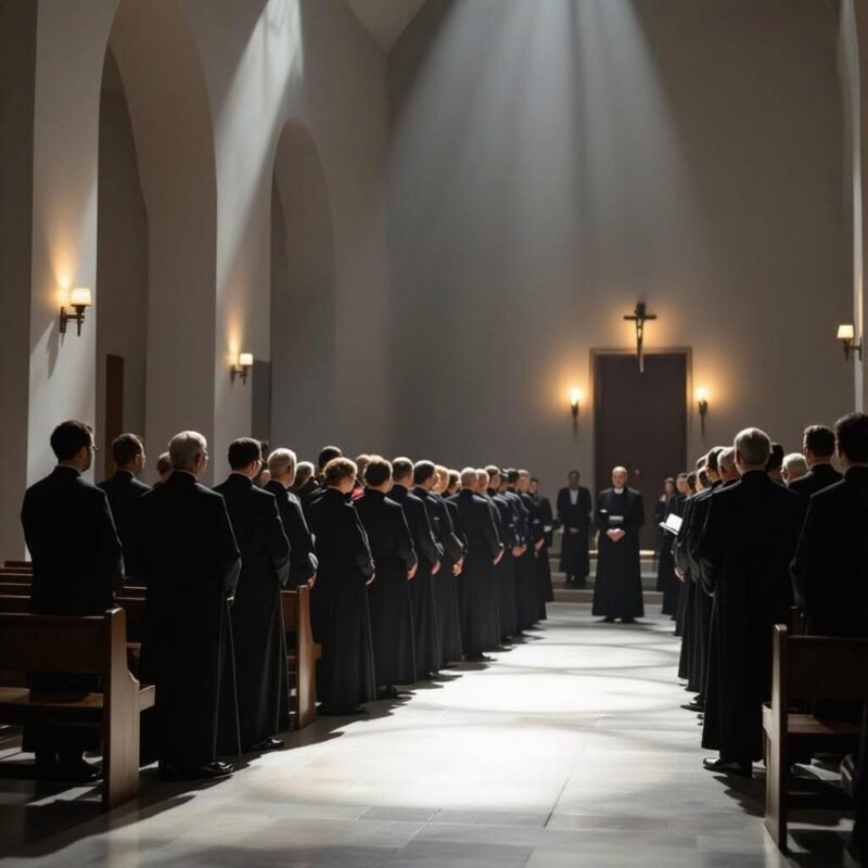 Clergy group wearing suits inside a chapel in a calm, worshipful setting.