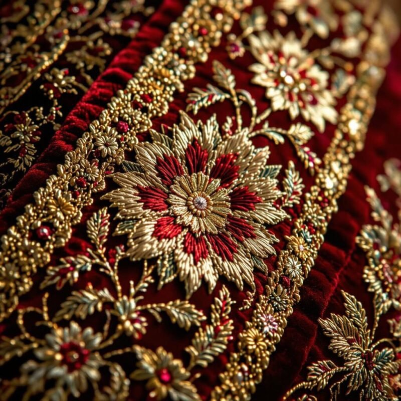 Close-up of rich red vestment fabric with gold embroidery details.