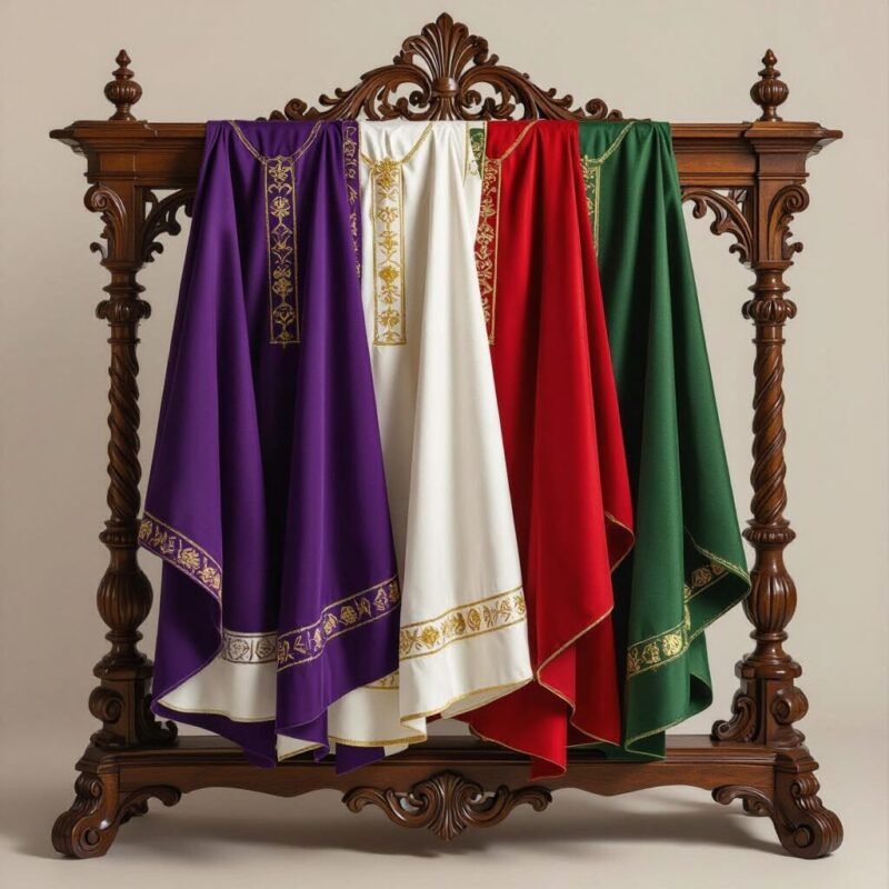 Liturgical stoles and vestments in seasonal colors displayed on a wooden stand.