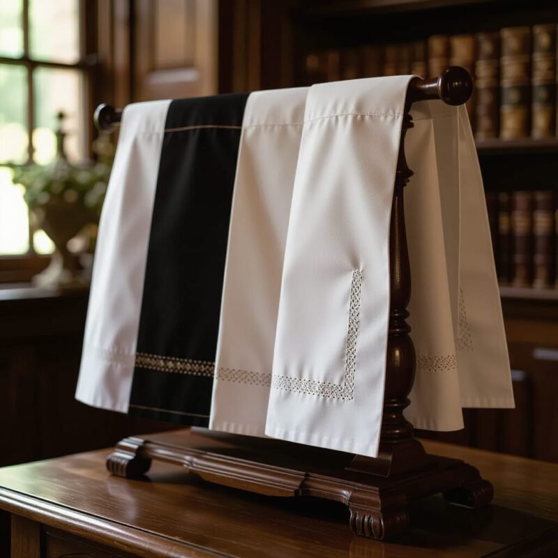 Detailed view of clergy aprons displayed on a wooden stand.