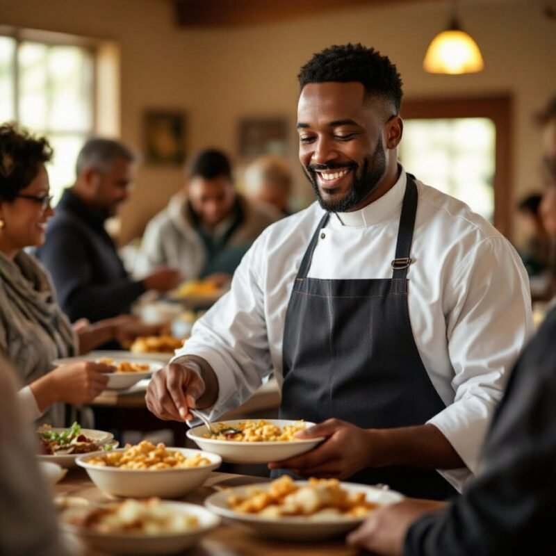 Pastor wearing a clergy apron while serving food at a community event.