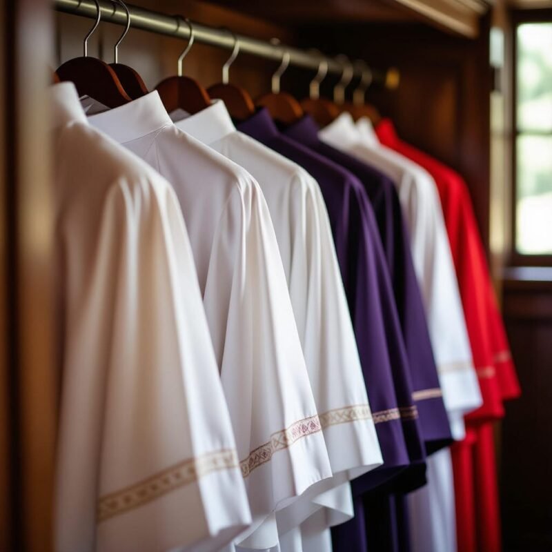 Several clergy robes in different liturgical colors hanging neatly inside a wooden sacristy.