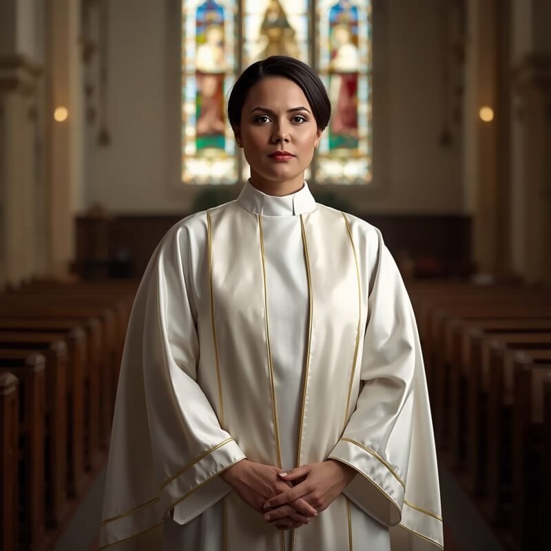 Modern clergy robe for women in a sacred church setting.