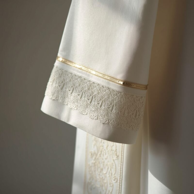 Detailed view of embroidered clergy rochet with lace cuffs.