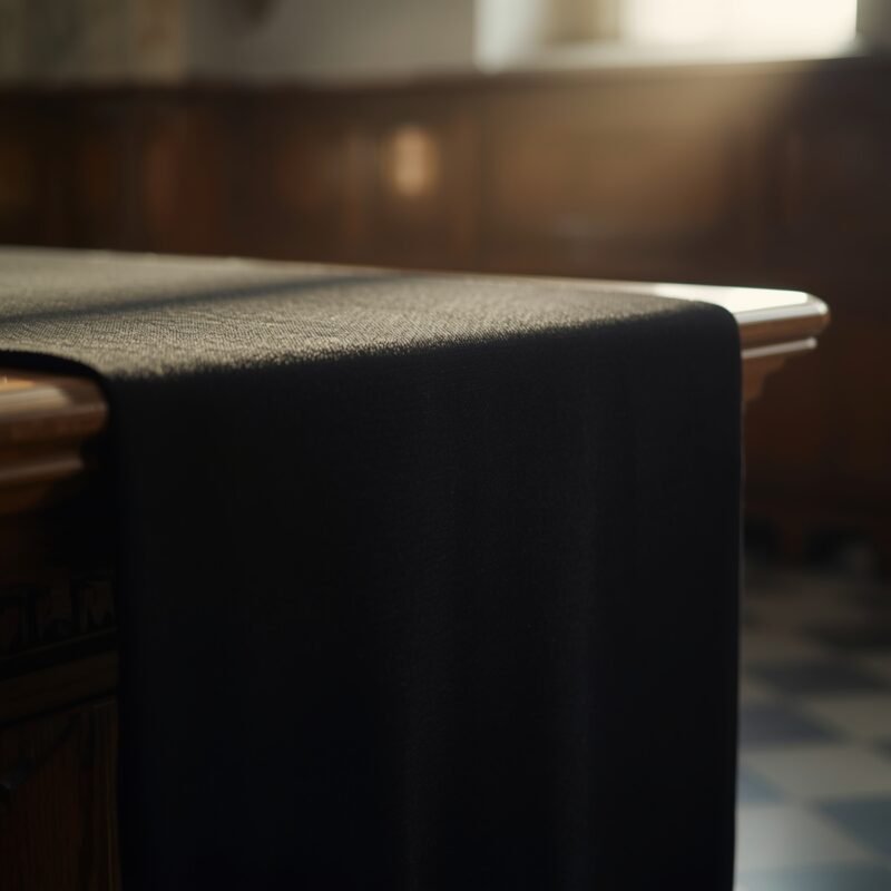 Black cassock laid on a wooden altar, symbolizing devotion and humility.