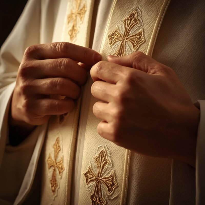 Hands adjusting an embroidered clergy stole with a gold cross design.