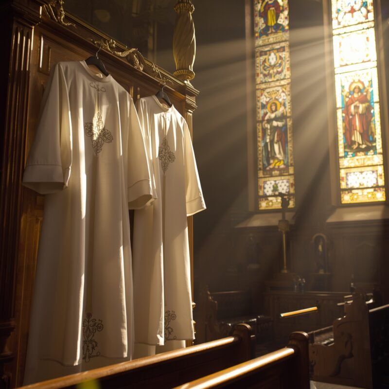 White and gold cassocks in church sacristy symbolizing purity and divine celebration.