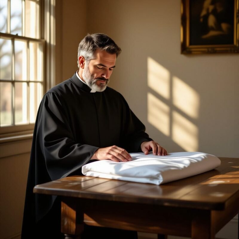 A clergy member folding a white surplice on a wooden surface.