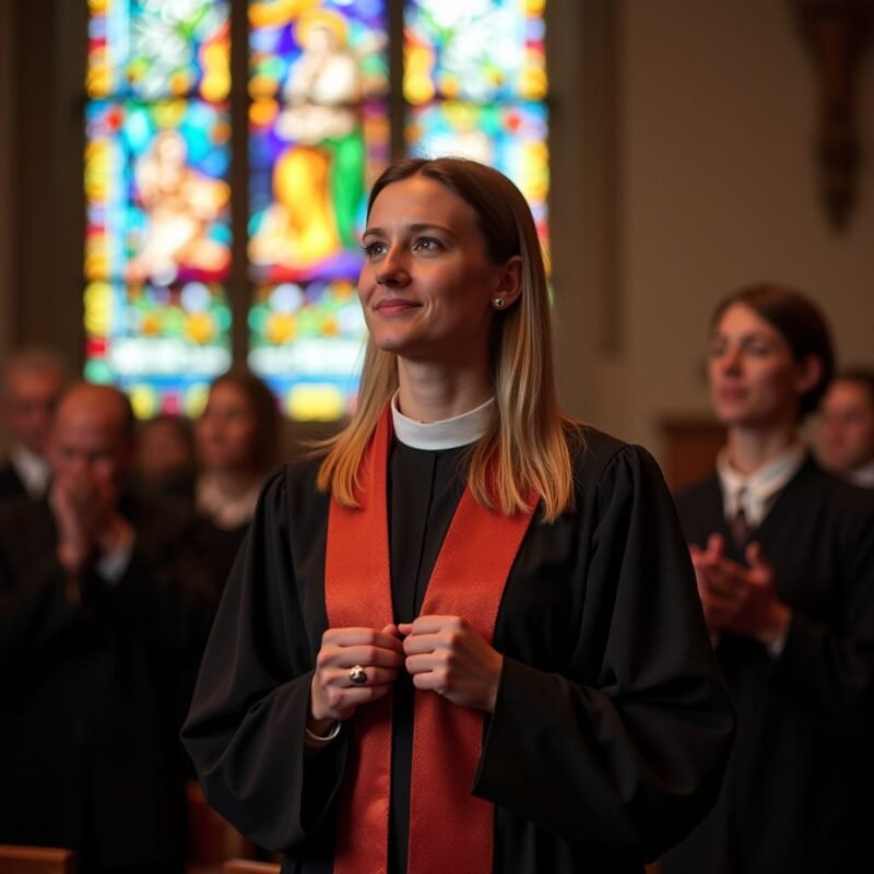 Woman clergy adjusting her stole in front of a stained glass window before service.