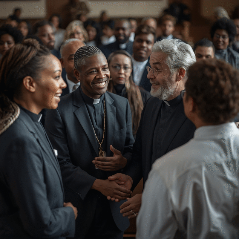 Clergy leaders in suits greeting church members following a worship service.