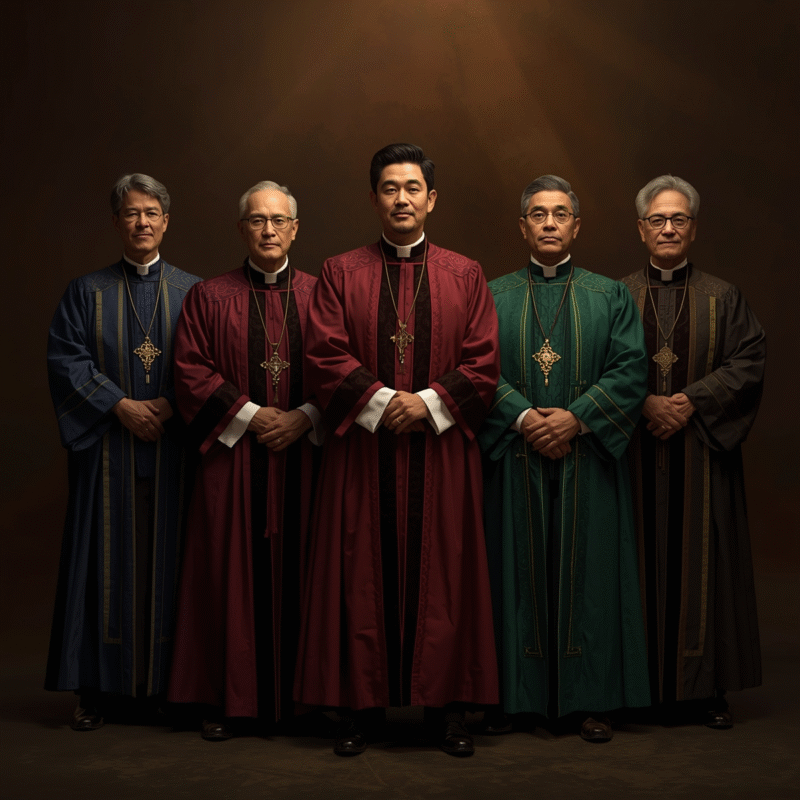 ministers in traditional and modern clergy attire preparing for worship