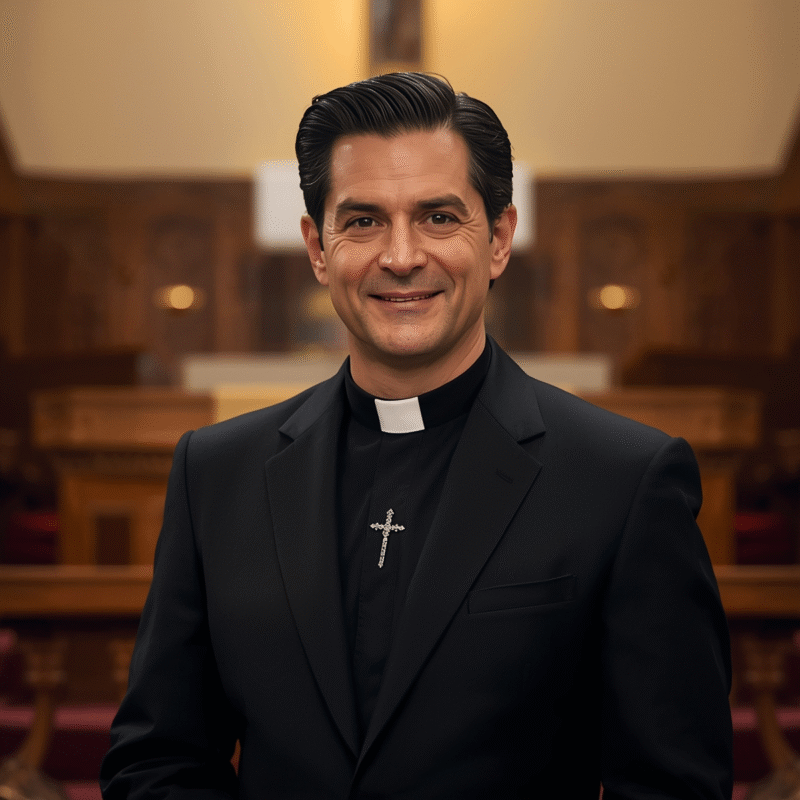 pastor in black tailored clergy suit before pulpit.