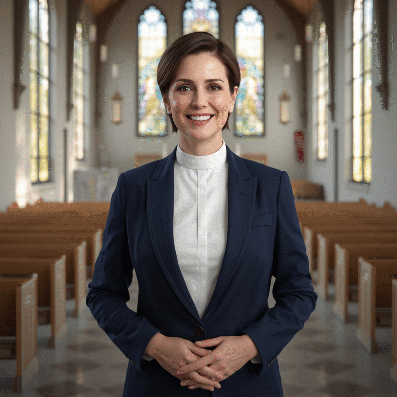 woman pastor in elegant clergy suit inside chapel.