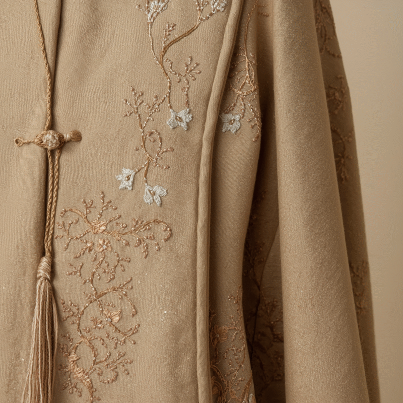 close-up of embroidered fabric detail on women’s clergy robe