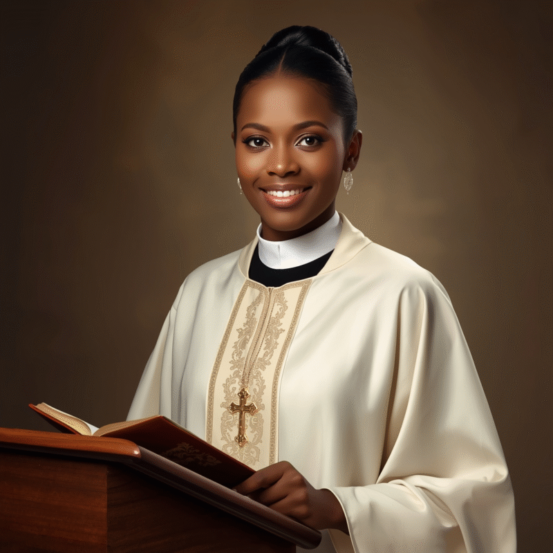 Woman pastor in a traditional clergy attire preaching at pulpit.