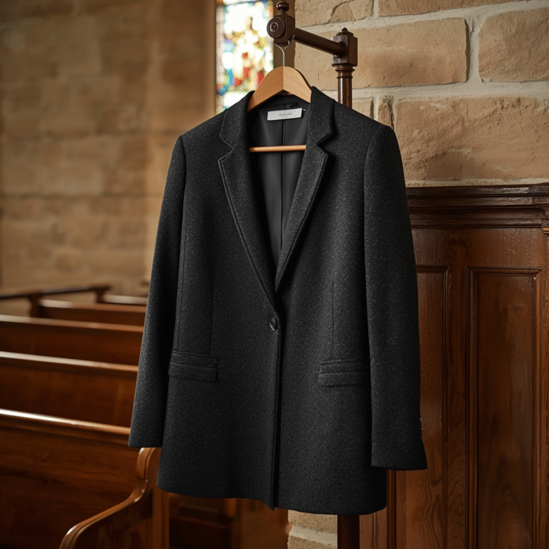 A clergy suit displayed beautifully inside a softly lit church.