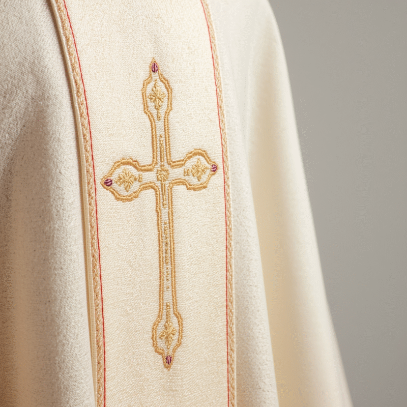 Embroidery detail on clergy vestment representing faith.