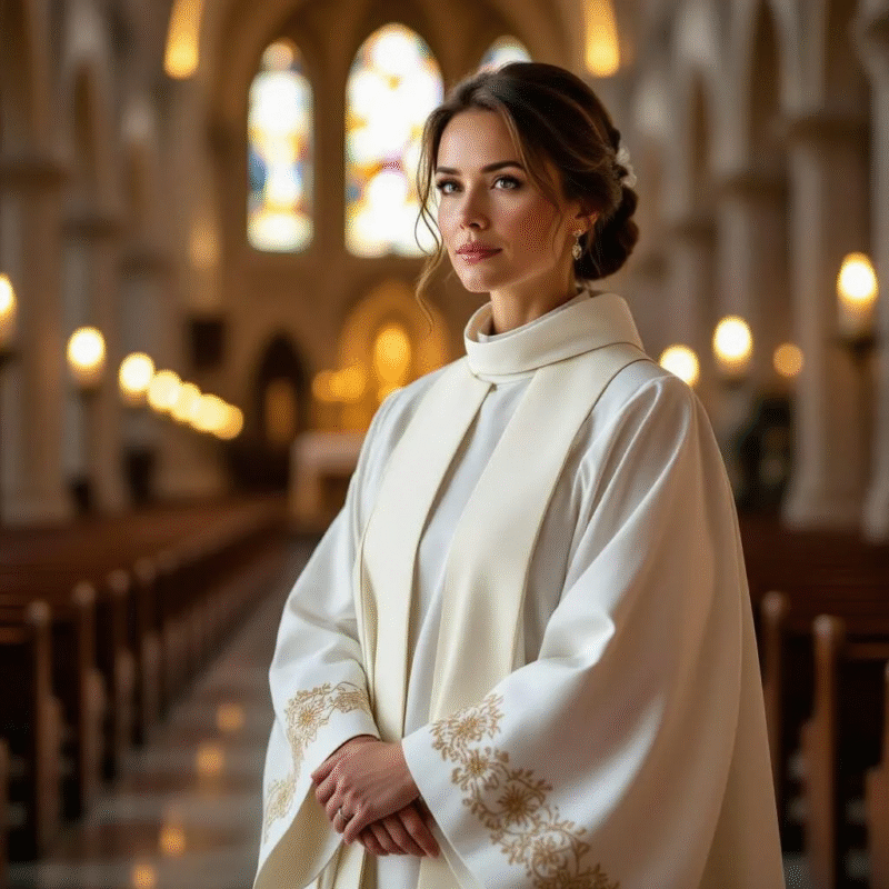 Woman clergy in white rochet standing in cathedral with warm lighting.