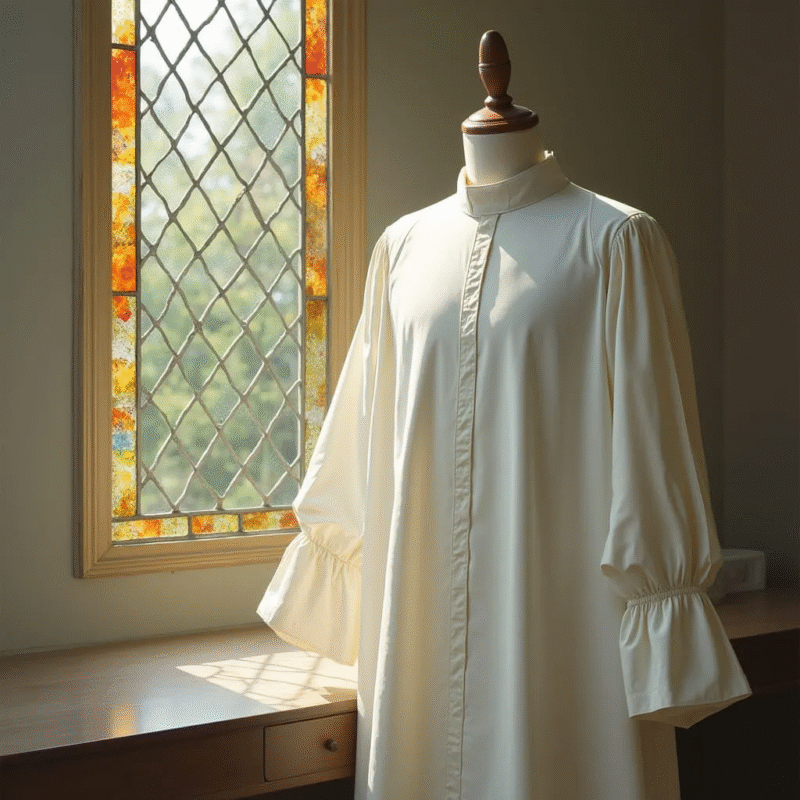 Close-up of a white clergy rochet with pleats and cuffs.