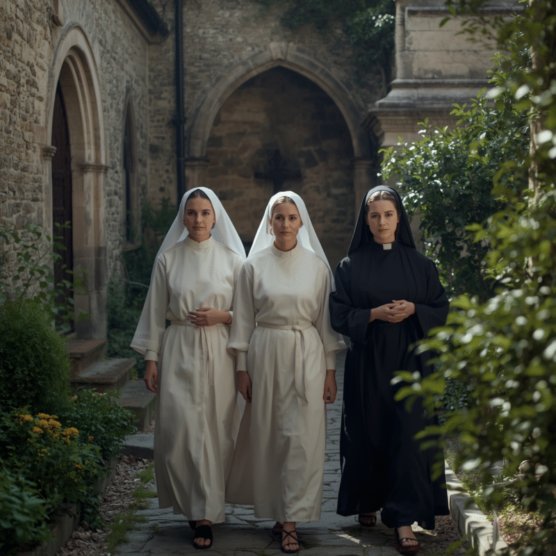 Women clergy in white rochet walking in the church courtyard.