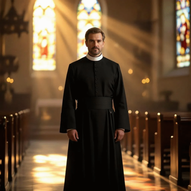 Male clergy wearing a black cassock and white collar in a church setting.
