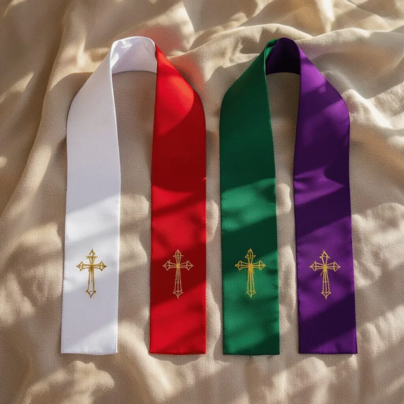 Clergy stoles in white, red, green, and purple arranged on linen fabric.
