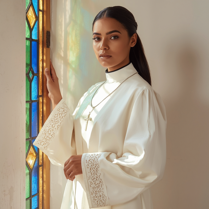 Female clergy wearing elegant white rochet beside stained-glass window.