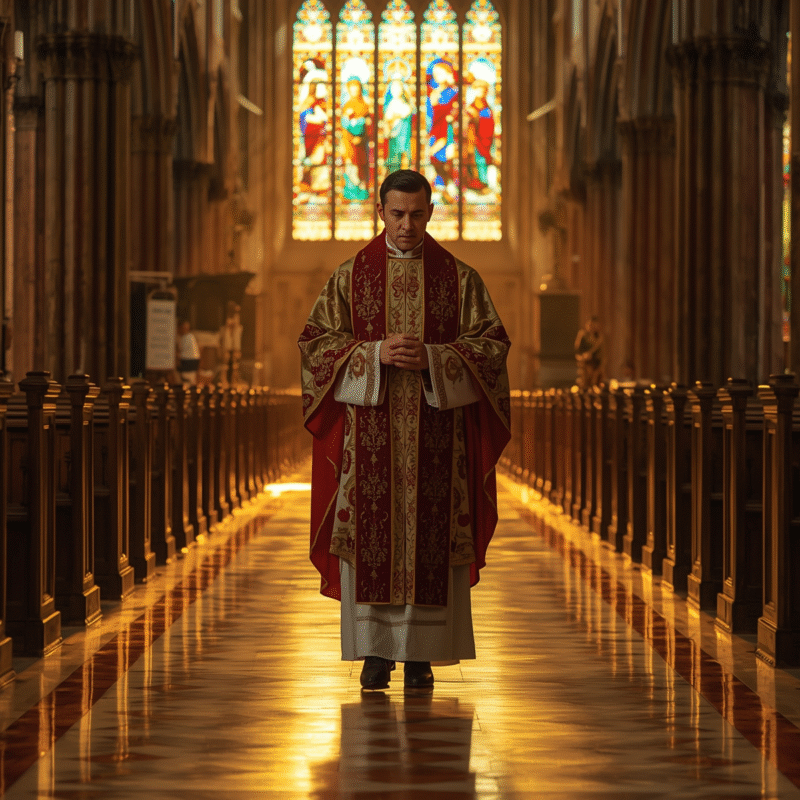 Clergy member walking through cathedral aisle in clergy attire.