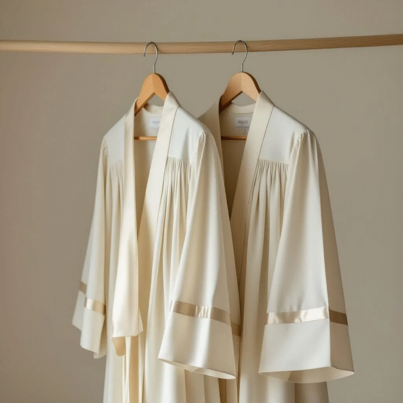 Elegant women’s clergy robes with detailed tailoring and satin accents.