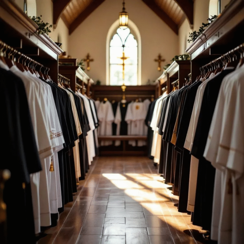 Clergy robes, cassocks, and stoles arranged in a church vestry under warm lighting.