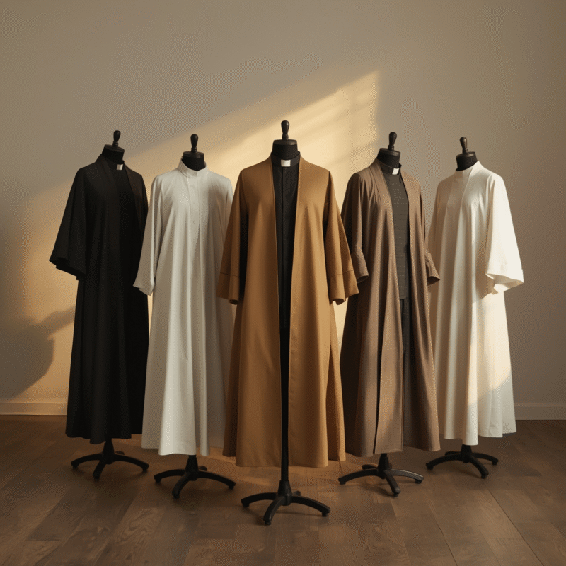 Modern clergy robes in varied fabrics representing comfort and design.