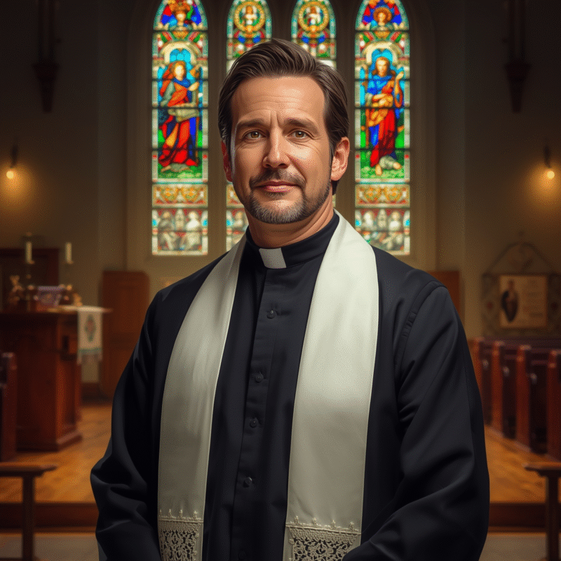 Minister wearing a white surplice and black cassock in a cathedral.
