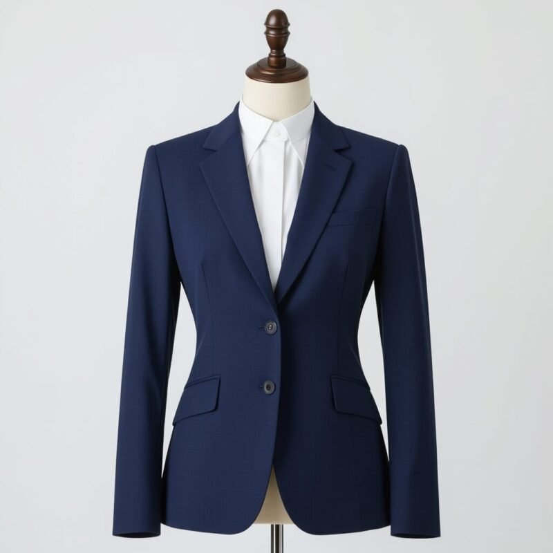 Women’s navy clergy suit displayed in a soft-lit studio to show tailoring detail.