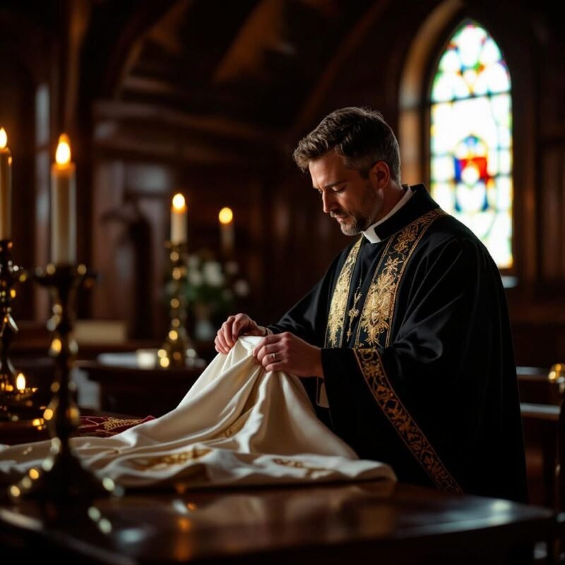 Clergy preparing vestments in a quiet sacristy room.