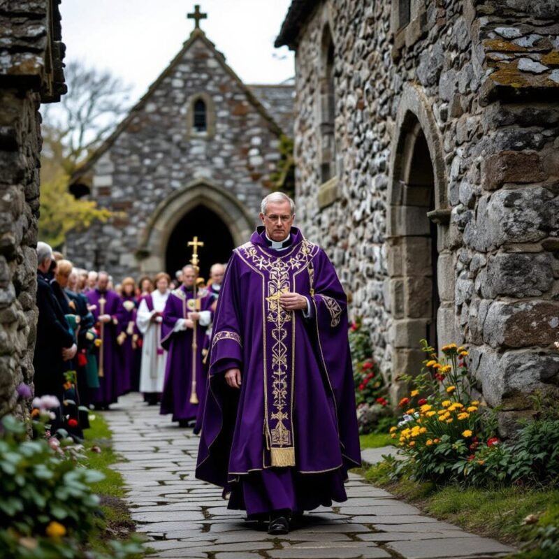 Bishop in purple chimere leading a church procession near historic stone architecture.