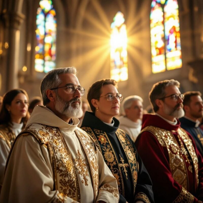 Clergy members in colorful vestments under cathedral light.