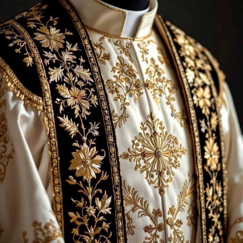 Close-up of gold-embroidered clergy vestment fabric.