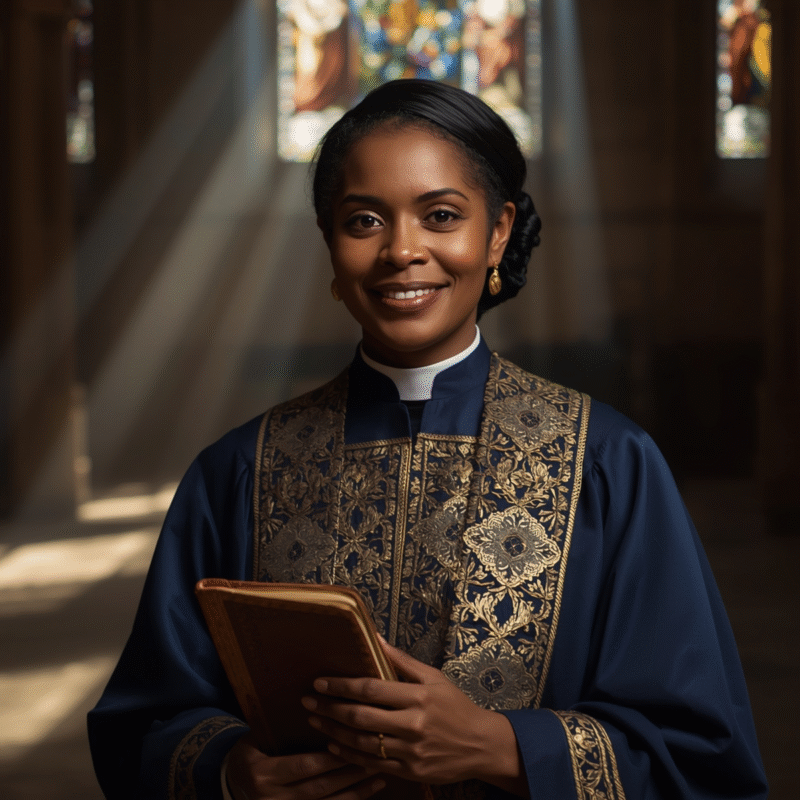Woman clergy in matching robe and sash under cathedral light.
