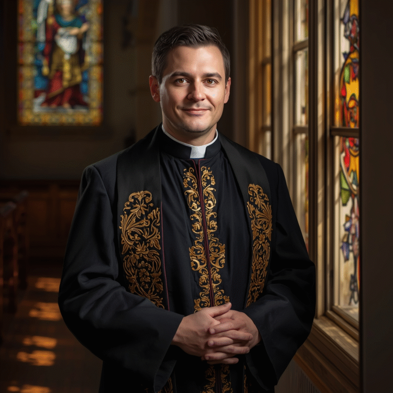 Male clergy in black cassock with stole by stained glass.