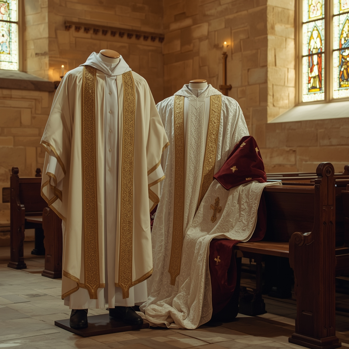 Clergy robes, cassocks, and accessories arranged in a church interior